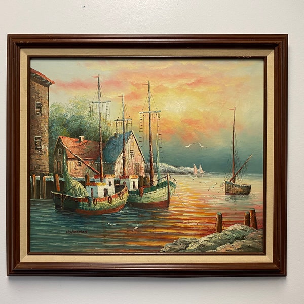 Vintage Nautical Painting of Seaside Landscape Signed by Artist