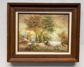 Vintage Rustic Village Peinture à l’huile d’une scène d’été dans un cadre en bois signé par un artiste
