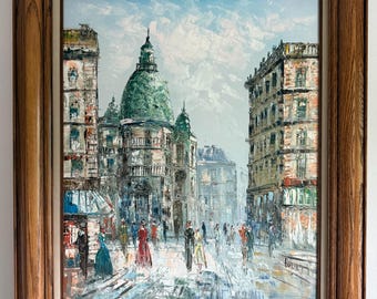 Vintage Capstol Street Scene Ölgemälde Figuren zu Fuß durch Straßen