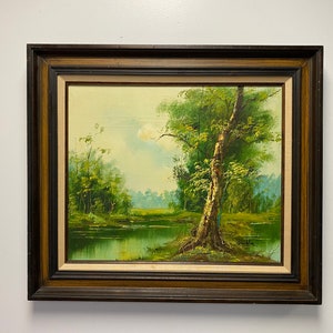 Vintage Summer Landscape Oil Painting of a Forest Scene in Wooden Frame Signed by Artist