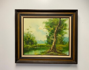 Vintage verano paisaje pintura al óleo de una escena del bosque en marco de madera firmado por artista