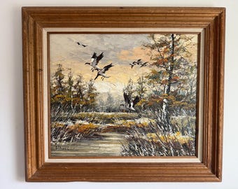Peinture à l'huile vintage de paysages d'automne des années 1970 : Canards au-dessus d'un étang