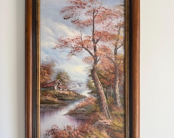 Peinture à l'huile vintage Cottage d'automne : paysage de rivière rustique, cadre artistique des années 1980