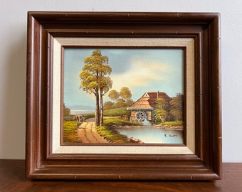 Tableau vintage paysage d'été : scène de moulin signée dans un cadre en bois