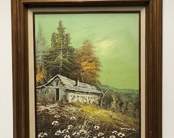 peinture à l'huile rustique de grange de cru d'une scène de pays dans le cadre en bois signé par l'artiste