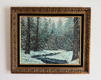 Peinture à l'huile vintage forêt hivernale - Art du paysage signé des années 1970, cadre fleuri