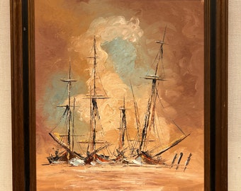 Vintage Nautical Painting of Tall Ships at Anchor Signed By Artist