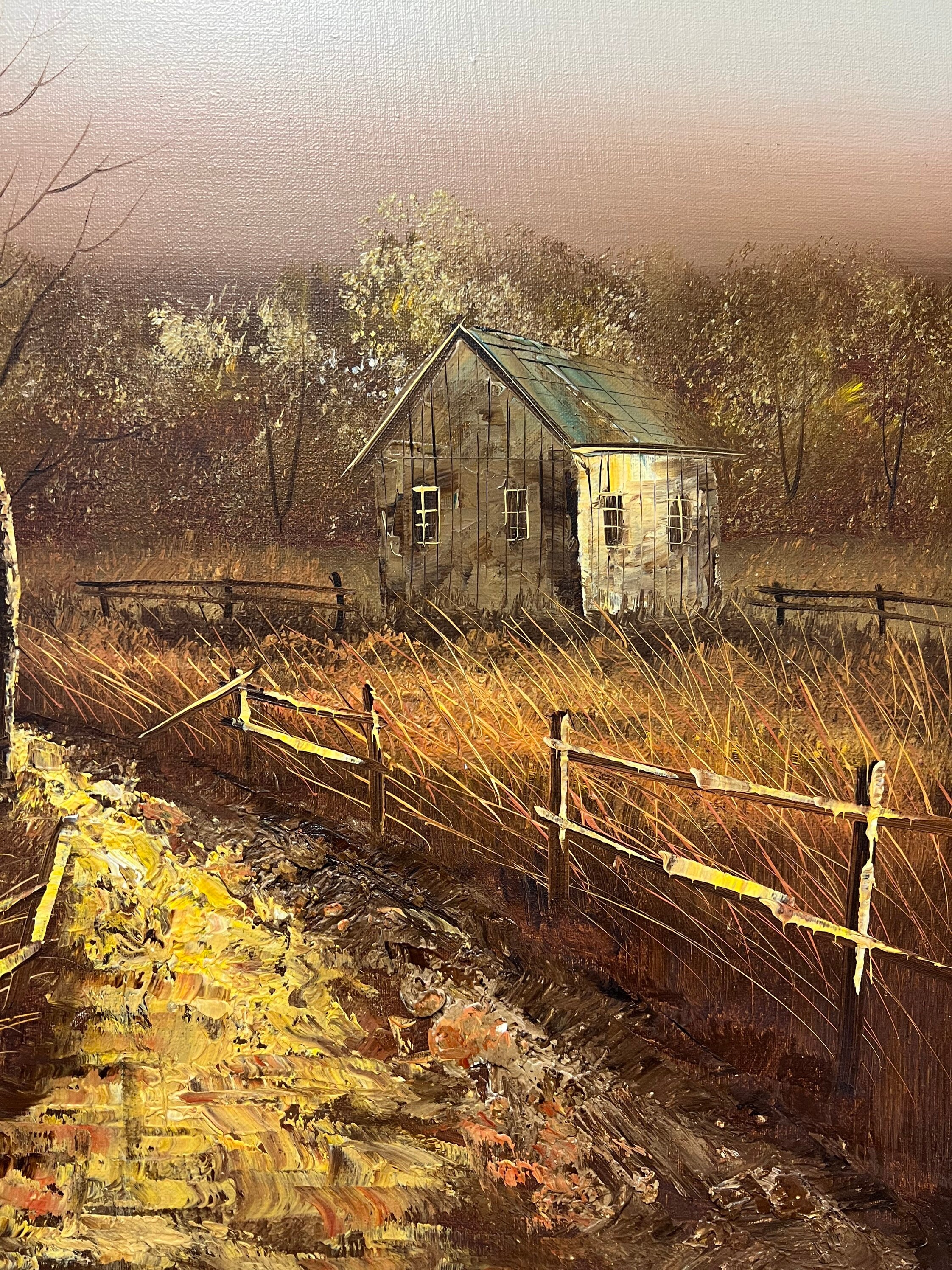 Vintage Rustic Barn Oil Painting of an Autumn Scene in Wooden Frame ...