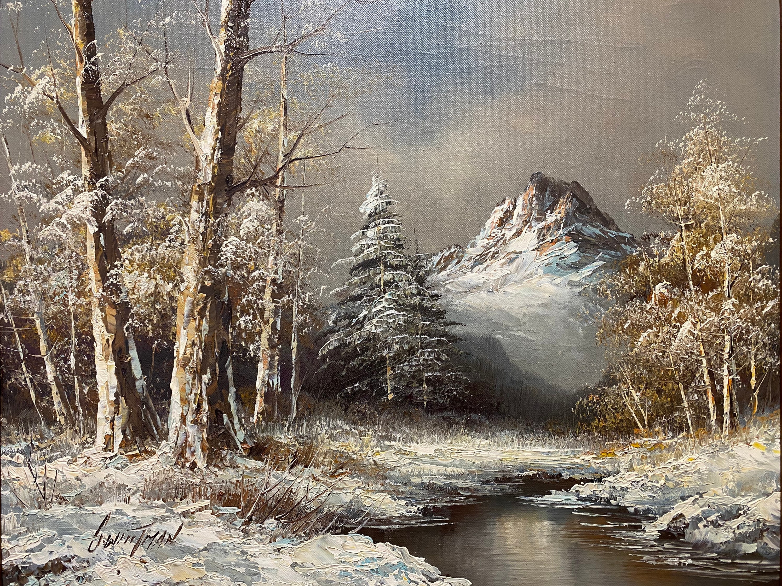 絵画 Winter Mountain Bob Ross style original Winter Snow mountain landscape oil