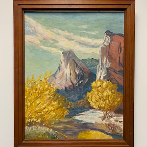 Vintage Landscape Oil Painting of a Summer Mountain Scene in Wooden Frame Signed by Artist
