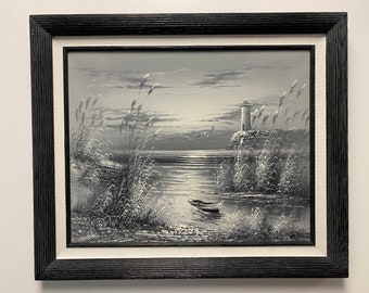 Vintage Lighthouse Painting of Seaside Landscape Signé par l’artiste