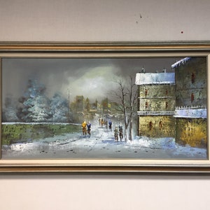 Vintage Mid Century Winter Cityscape Painting Signed by Artist