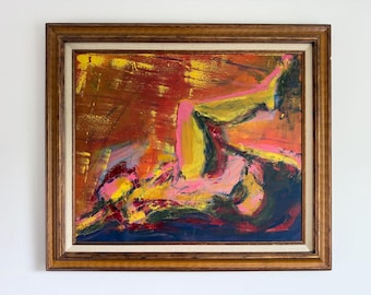 Original Oil Painting Abstract Nude Wall Art, Yellos Blue Abstract Expressionist Art, Framed Artwork