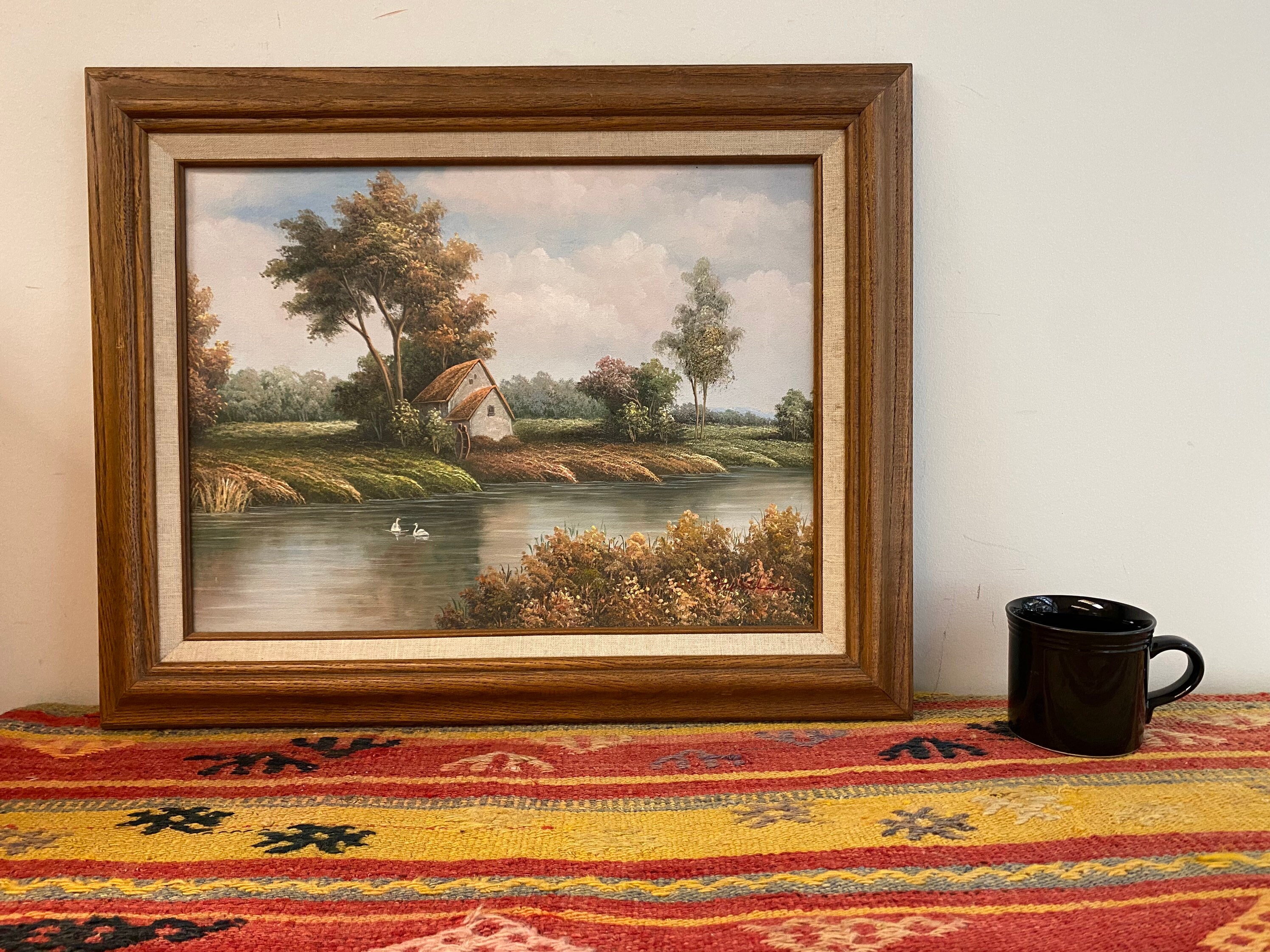 Vintage Rustikales Ölgemälde einer Landhausszene im Holzrahmen | Etsy