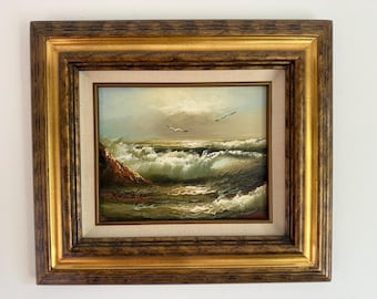 Vintage Nautical Painting of Seaside Landscape Signed by Artist