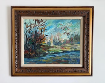 Peinture à l'huile vintage de paysage de lac - Art abstrait des années 1980 avec cadre fleuri