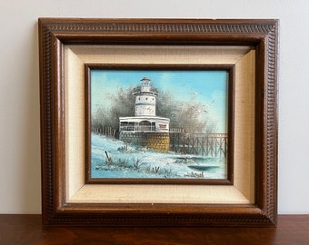 Vintage Nautical Painting of Seaside Landscape Signed by Artist