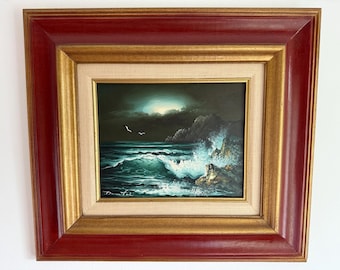 Vintage Coastal Oil Painting: Seagulls in Flight, 1970s Nautical Art