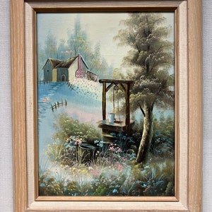 Vintage Rustic Cottage Oil Painting of a Country Scene in Wooden Frame Signed by Artist