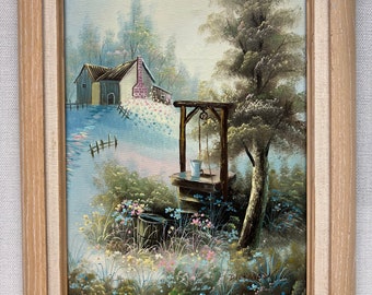 Vintage Rustic Cottage Oil Painting of a Country Scene in Wooden Frame Signed by Artist