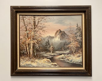 Vintage Landschaft Ölgemälde einer Winter Bergszene im Holzrahmen signiert vom Künstler
