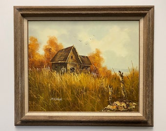 Vintage Rustic Cottage Oil Painting of a Summer Scene in Wooden Frame Signed by Artist