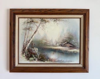 Vintage Cottage Oil Painting - 1980s Signed Riverside Landscape, Wood Frame