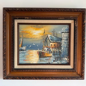Vintage Fishing Boats Oil Painting: Sunset Harbor Scene, Signed 1970s Art