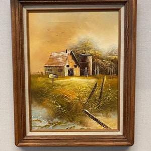 Vintage Fall Landscape Oil Painting: Rustic Homestead Scene, Signed