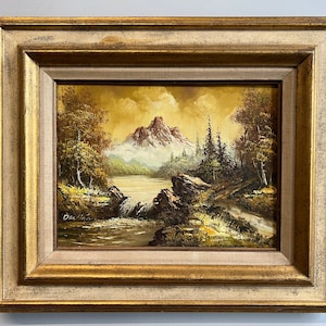 Vintage Landscape Oil Painting of a Mountain Scene in Wooden Frame Signed by Artist
