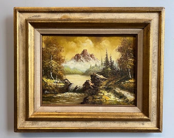 Peinture à l'huile de paysage vintage d'une scène de montagne dans un cadre en bois signée par l'artiste