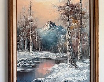 Vintage Winter Mountain Oil Painting Signed G. Whitman, Wooden