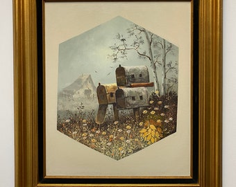 Vintage Rustic Cottage Oil Painting of a Country Scene in Wooden Frame Signed by Artist