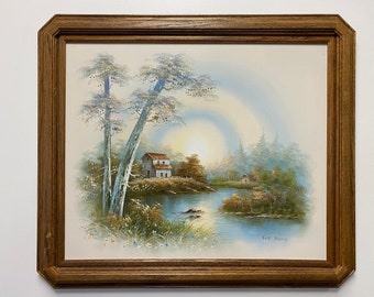 Vintage primavera paisaje pintura de una escena rústica casa de campo en marco de madera firmado por el artista