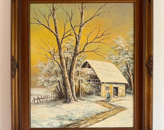 Vintage Winter Landscape Oil Painting: Figure Walking into Cottage