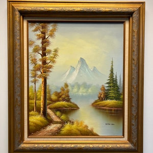 Vintage Landscape Oil Painting of a Mountain Scene in Wooden Frame Signed by Artist