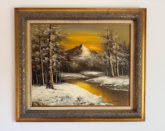 Vintage Winter Mountain Oil Painting Signed G. Whitman, Wooden Frame