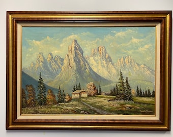 Pintura al óleo de paisaje de montaña vintage de Fausto Masoni en marco de madera