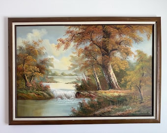 Impressionist Style Oil Painting of a River with a Waterfall Landscape Signed by Artist