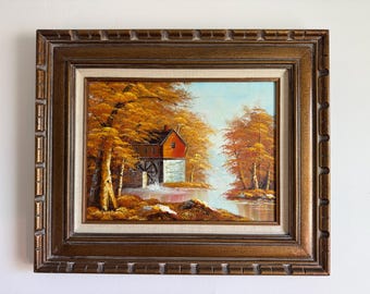 Vintage Old Mill Oil Painting: 1970s Rustic Sunny Landscape