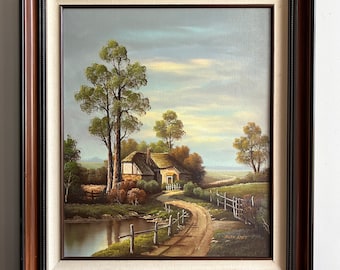 Vintage rustikales Cottage Ölgemälde einer Sommerszene im Holzrahmen, signiert vom Künstler