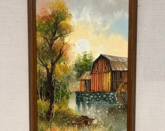 Vintage Scheunen-Ölgemälde: Sommerlandschaft in Holzrahmen
