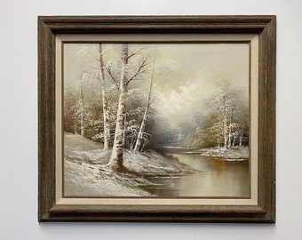Vintage invierno paisaje óleo pintura de una escena del bosque en marco de madera firmado por el artista