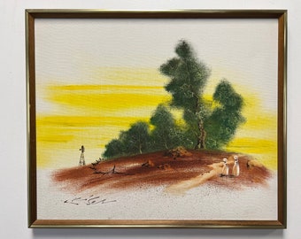 Vintage Ölgemälde einer Landhausszene im Holzrahmen signiert vom Künstler