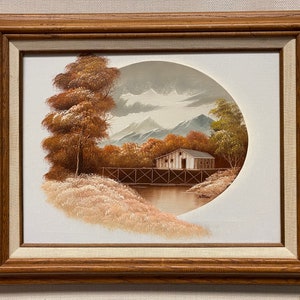 Vintage Landscape Oil Painting of a Mountain Scene in Wooden Frame Signed by Artist