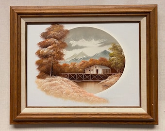 Vintage Landscape Oil Painting of a Mountain Scene in Wooden Frame Signed by Artist