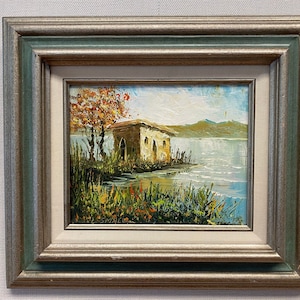Vintage Nautical Painting of Seaside Landscape Signed by Artist
