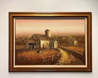 Vintage Rustic Barn Oil Painting of an Autumn Scene in Wooden Frame Signed by Artist