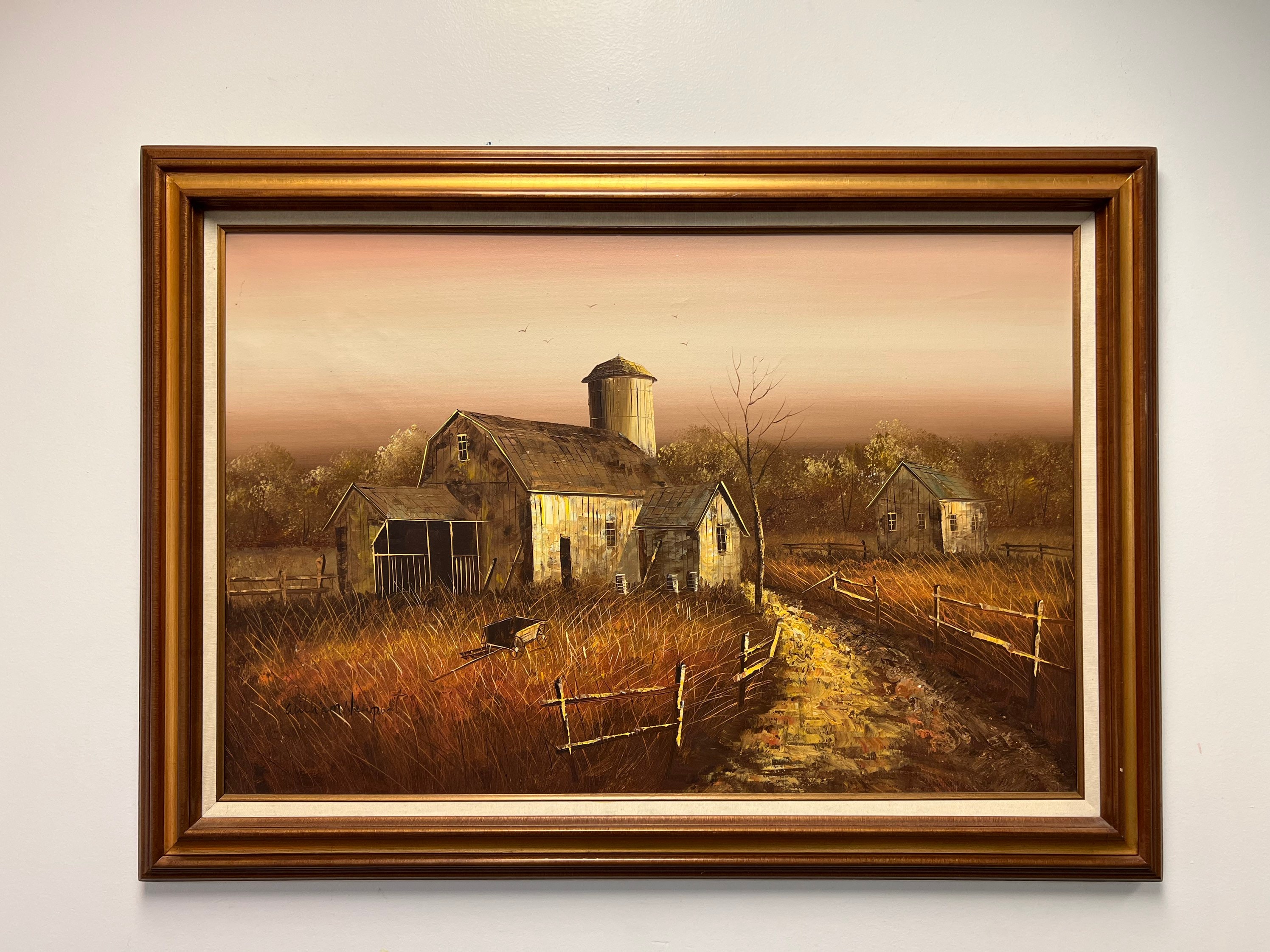 Vintage Rustic Barn Oil Painting of an Autumn Scene in Wooden Frame ...