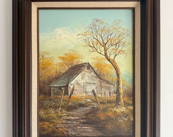 Peinture à l'huile vintage Grange d'automne : paysage d'automne rustique des années 1970
